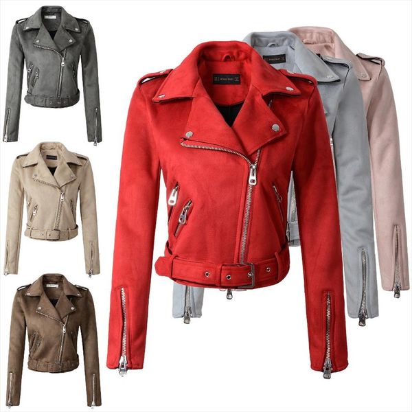 

2020 new autumn winter women motorcycle faux pu leather red pink jackets lady biker outerwear coat with belt 7 color, Black