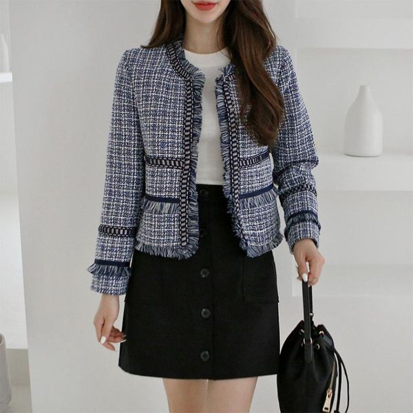 

small fragrance ladies tweed jackets coat fashion autumn long sleeve tassel woolen jacket womens open stitch short coats casaco, Black;brown
