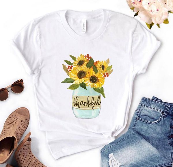 

women t shirt thankful sunflower print tshirt women short sleeve o neck loose t-shirt ladies causal tee shirt clothes, White