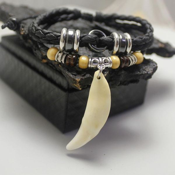 

wolf tooth men bracelet leather bangle ethnic style charm bracelet retro, Black