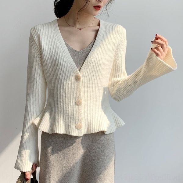 

pqfzt autumn show 2020 korean coat hornsweater horn v-neck flared sleeve ruffle slim cardigan t-shirt thin women winter sweater coat trend 8, White;black