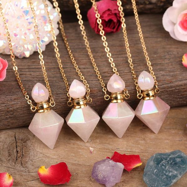 

natural aura pink roses quartz pyramids shape perfume bottle pendant necklace women plated rainbow crystal stone gold necklace, Silver