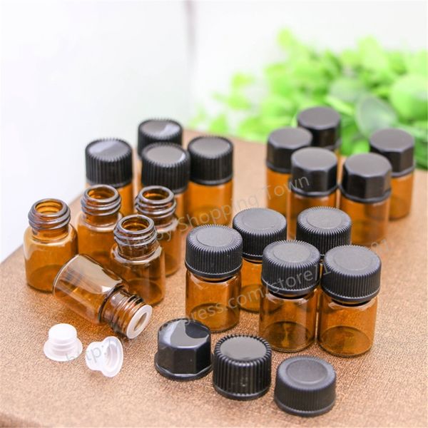 

100pcs small amber essential oil bottle with plastic lid,1ml glass bottle, mini brown glass vials,mini glass container 201013