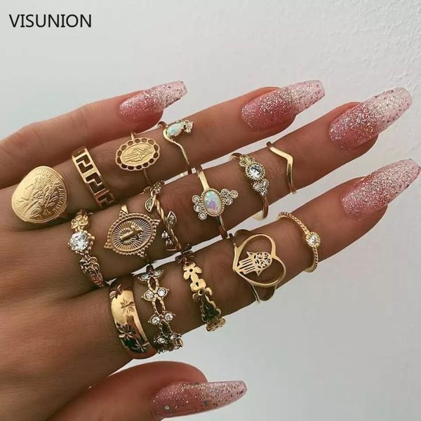 

cluster rings 15pcs/set midi finger ring set for women girl retro beauty head gold coin cross patterned knuckle party joints, Golden;silver