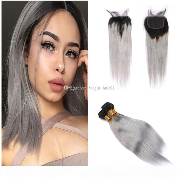 

two tone 1b grey human hair weaves with lace closure straight gray ombre hair weaves with 4x4 lace closure middle three part, Black;brown
