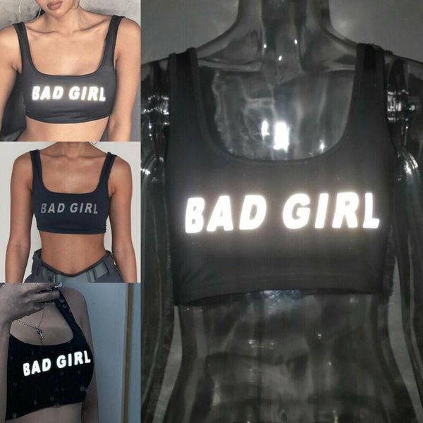 

fashion bad girl letter printed reflective short casual slim tank sleeveless luminous club wear tank vest, White
