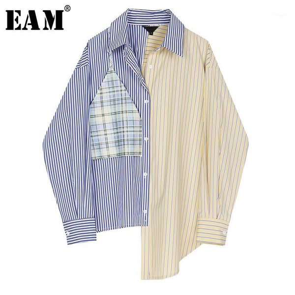 

eam] women blue striped split big size blouse new lapel long sleeve loose fit shirt fashion tide spring autumn 2020 1r5491, White