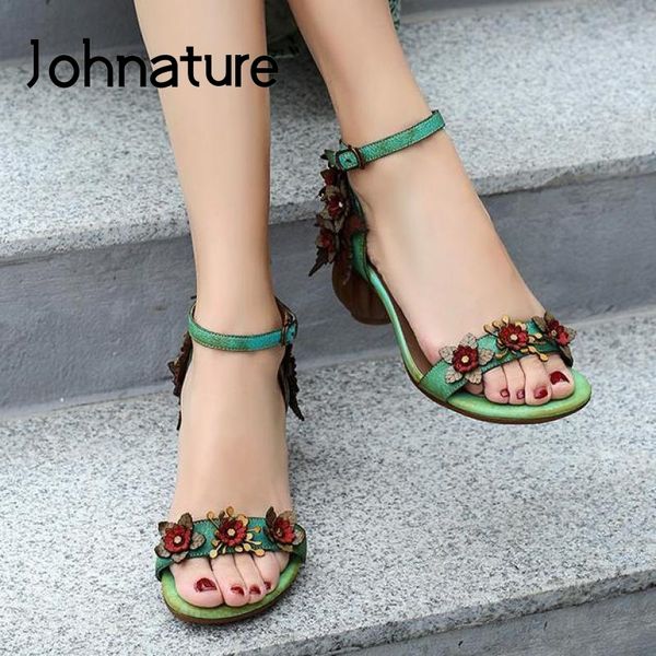 

johnature retro sandals buckle strap genuine leather women shoes 2020 new summer sewing casual flower handmade ladies sandals 0928, Black