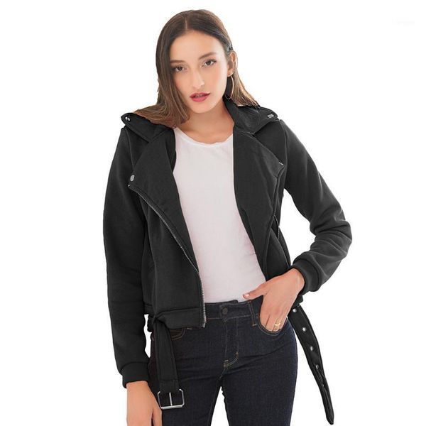 

2020 new women winter jacket long-sleeved coats fashion zipper pocket bomber jackets black and white cute belt outwear1, Black;brown