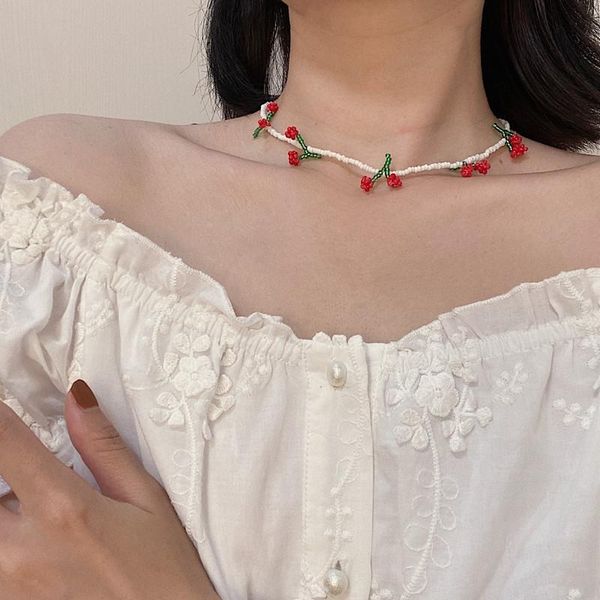 

chokers huanzhi 2021 lovely beaded choker cherry pineapple weave fruit flowers necklace for women girls party jewellery, Golden;silver