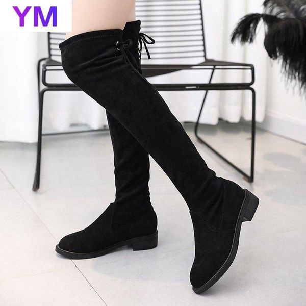 

winter fashion women shoes botas over the knee med heels suede black long boots women comfortable high boots lace-up round toe