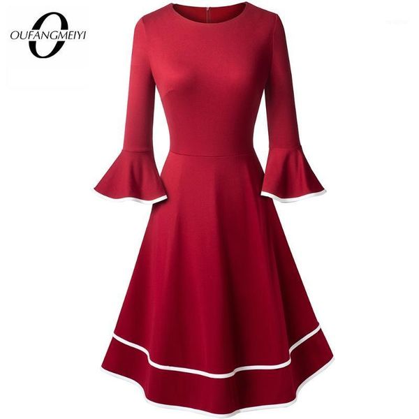 

women elegant patchwork o neck retro flare sleeve casual stylish christmas party autumn a line dress ea2331, Black;gray