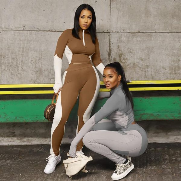 

womens sets long sleeve 2 pieces set autumn winter casual zip up women set tracksuit patchwork streetwear pencil pants outfits, Gray