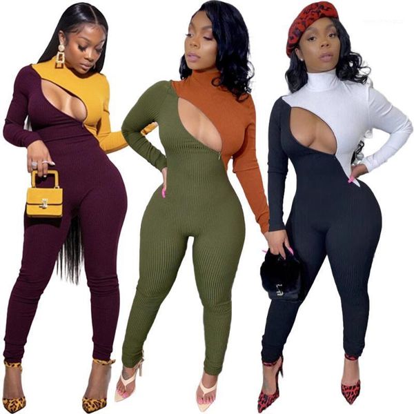 

women's pants & capris 22ty1165 autumn winter women bare chest tricolor pit bar zipper jumpsuit playsuit rompers plus size1, Black;white