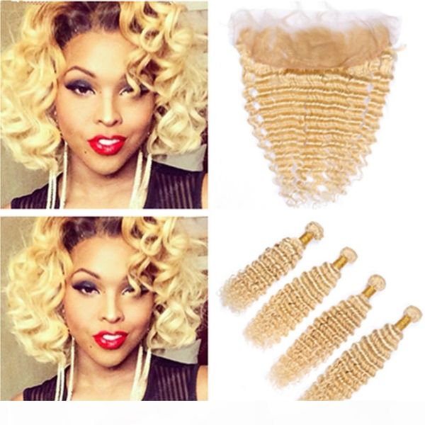 

#613 blonde peruvian human hair wefts with full lace frontal 4bundles bleach blonde virgin hair weaves with 13x4 lace frontal part, Black;brown
