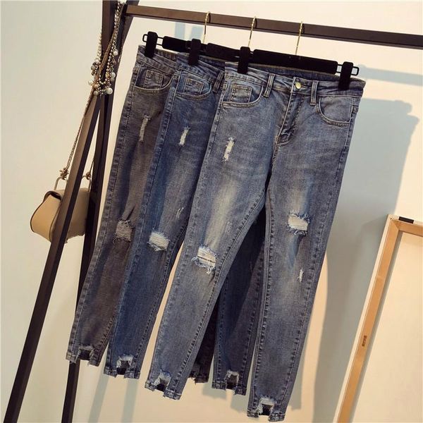 

spring summer plus size ripped hole skinny pencil jeans 5xl woman high waist mom stretch jeans ladies denim pants1, Blue