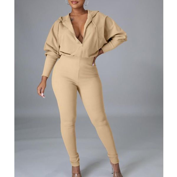 

new fashion solid color stretch jumpsuit women long sleeve zipper hood jumpsuit one piece bodycon romper, Black;white