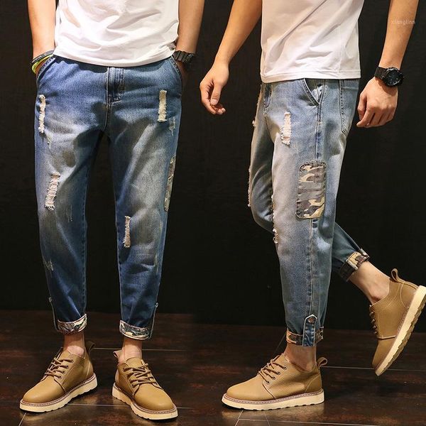 

wholesale 2020 fashion men's spring brand ripped hole denim jeans camouflage side loose large size 28-42 korean harem pants1, Blue