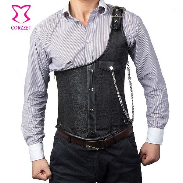 

men's vests wholesale- punk rock black brocade steel boned underchest corset steampunk vest men waistcoats slimming colete masculino go, Black;white