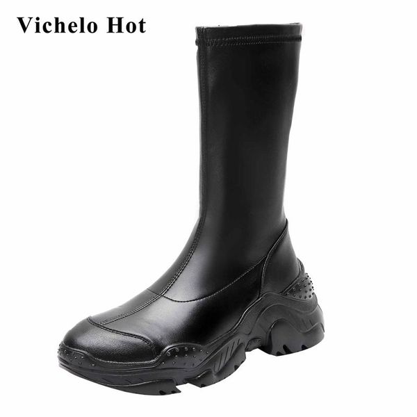 

vichelo sports boots natural leather platform round toe thick high heel zip cozy daily wear mid-calf boots l18, Black
