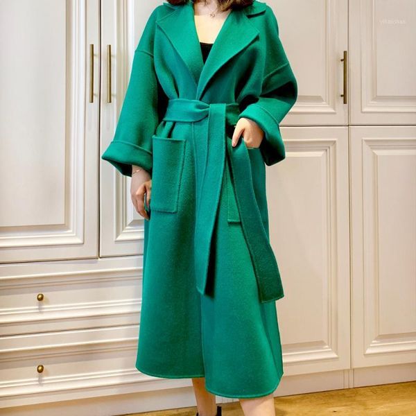 

zcsmll green wool blends for women long sleeve turn-down collar loose windbreaker korea fashion 2020 autumn winter female coat1, Black