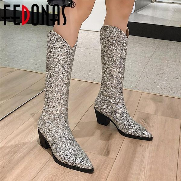 

boots fedonas ins blingbling knee high for women wide calf thick heels shoe woman wedding party basic winter boots1, Black