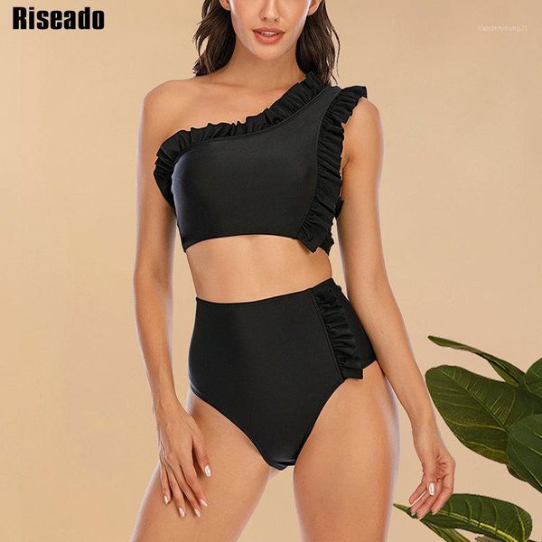 

women's swimwear riseado push up bikini one shoulder women swimsuit high waist beachwear ruffle bathing suit black biquini 20211, White;black