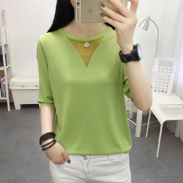 

women's t-shirt korea knit half sleeve women fashion 2021 summer casual knitting tee shirt o-neck mesh tshirt female knitted femme, White