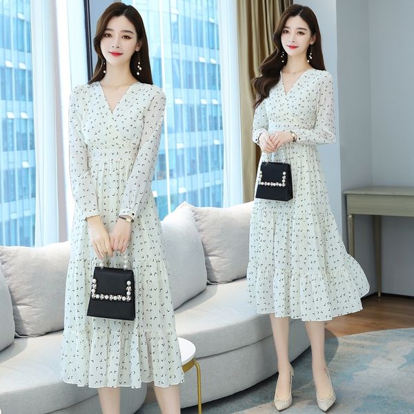 

kbhan early autumn women long sleeve french v-neck gentle style fashion medium length waistline show flower broken dress thin chiffon dress, Black;gray