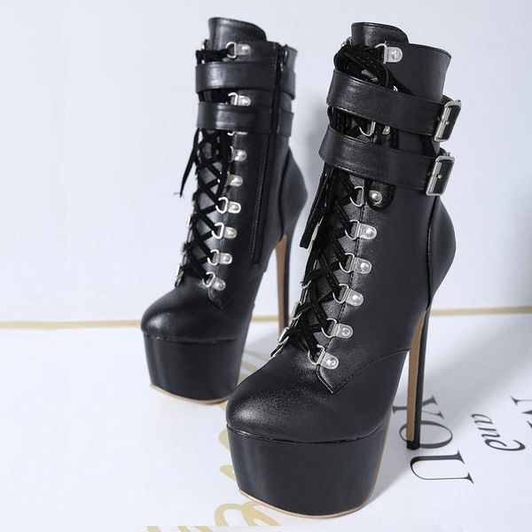 

boots 16cm heel punk high heels platform ankle for women black round toe motorcycle lace up ladies shoes