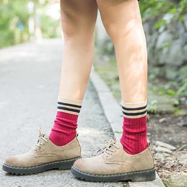 

breathable travel daily autumn winter women socks heap elastic striped casual keep warm middle tube home soft cotton blend1, Black;white