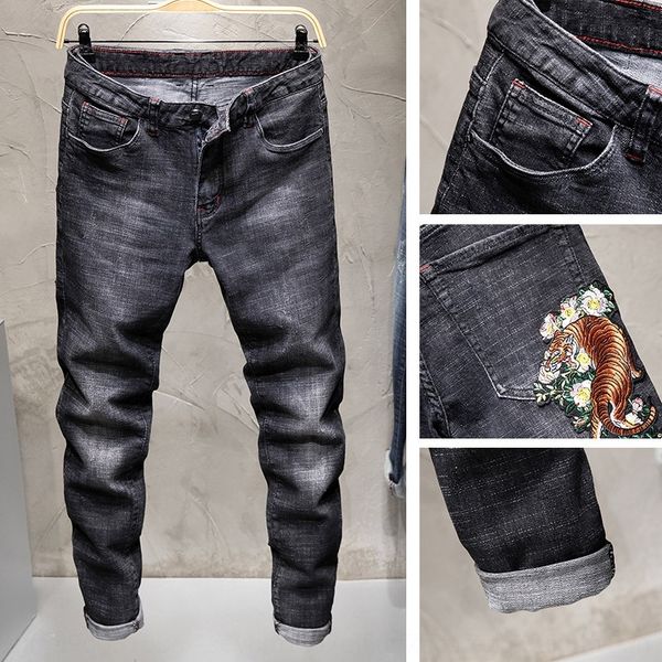 

pybrb стиль тигра вышитые гетры брюки джинсы и джинсовые jeansstretch полудлинные мужской новый корейский шаблон вышитые персонализированные, Blue