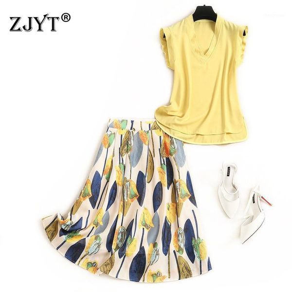 

2020 summer runway suit women clothing set with skirt elegant lady 2 piece outfit sleeveless and print skirt sets1, Gray
