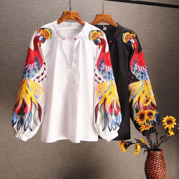 

2021 spring and summer cotton causal shirts embroidered long sleeved shirts woman full button print o neck lantern sleeve, White