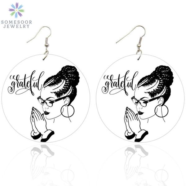 

dangle & chandelier somesoor greatful black woman afro artistic wood drop earrings african natural hair both sides printing jewelry gifts, Silver