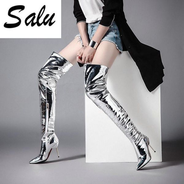 

salu 2020 new over-the-knee genuine leather boots women winter shoes woman zip ing, Black