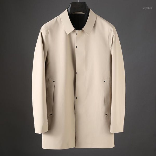 

high-end quality windbreaker men press rubber lapel in long style business casual over the knee coat men1, Tan;black