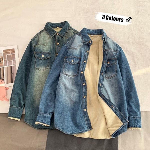 

winter warm denim cotton men shirt long sleeve loose casual button shirts camisas de hombre korean retro men clothes mm60ncs1, White;black