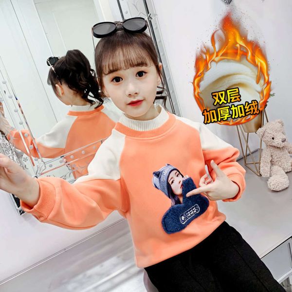 

new girls' thickened sweater winter 2021 cloth plush loose color contrast medium and large children's foreign sle bottom coat, Black