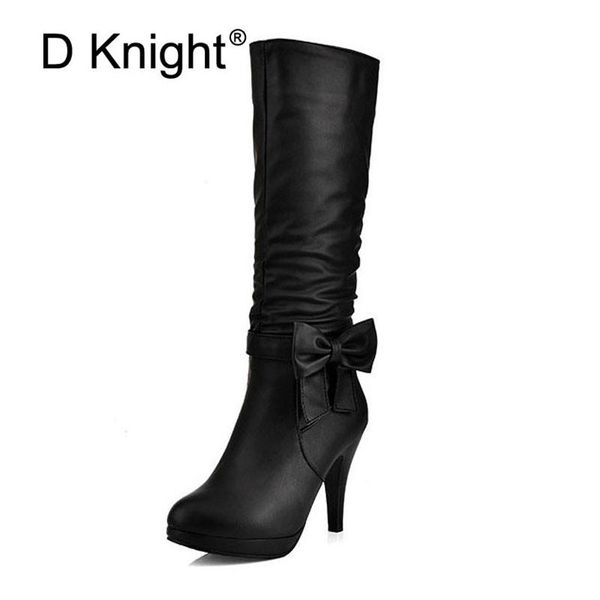 

boots women knee high fashion bow heels winter for ladies casual tall size 34-43 ridding, Black
