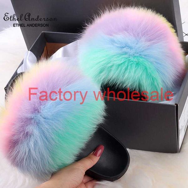 

2020 fur slippers real raccon fur slides home furry flat sandals female cute fluffy shoes woman luxury quality, Black