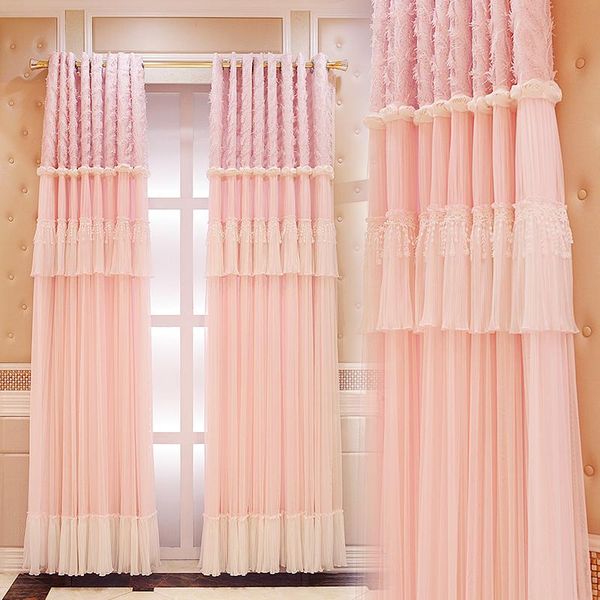 

luxury korean style pink lace curtains princess style double layer blackout curtain for girl's bedroom living room