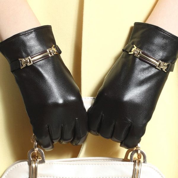 

2020 genuine leather women gloves female fashion metal buckle short style winter sheepskin gloves plush lined 33021, Blue;gray