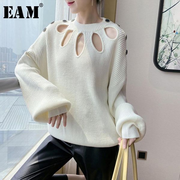 

eam] hollow out big size knitting sweater loose fit round neck long sleeve women pullovers new fashion autumn winter 2021 1y575, White;black