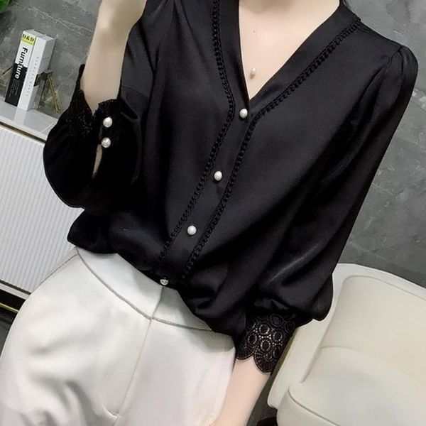 

women's blouses & shirts ladies elegant temperament v-neck shirt lace trim blouse large size loose women autumn slim solid color button, White