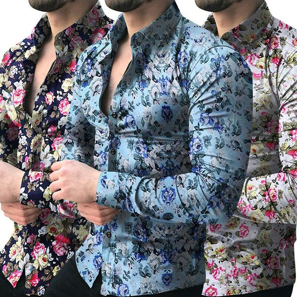 

slim print mens casual shirts stylish long sleeve floral, White;black