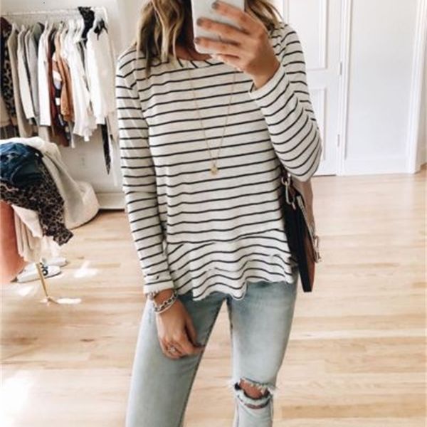 

autumn women's t-shirts striped round neck ruffle long sleeve casual loose, White