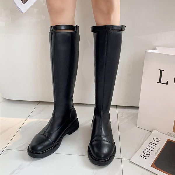

мода 2020 женщин шерсти зимы теплый над коленом boots бедренной кости высокие сапоги длинные езда кожа низкие каблуки узелок плоский обувь, Black