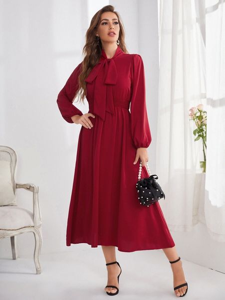 

solid tie neck shirred dress 41st#, Black;gray