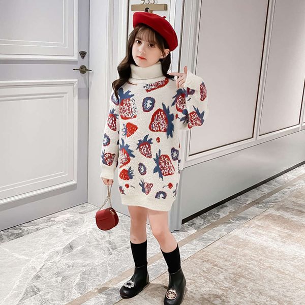 

2020 girls mink winter cashmere big strawberry children's high neck cartoon middle long sweater l0ew, Blue